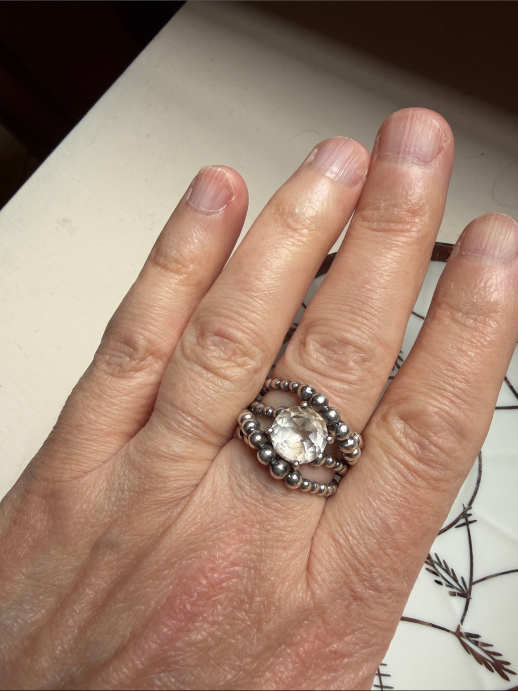 Michael Dawkins Silver Beaded Ring With Clear Stone